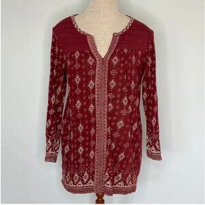 Lucky Brand Split Neck Boho Long Sleeve Knit Maroon Top Size Medium
